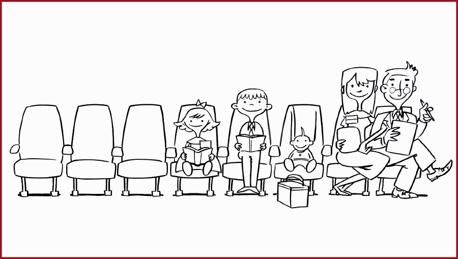 A family sits together at a convention, with no empty seats between them
