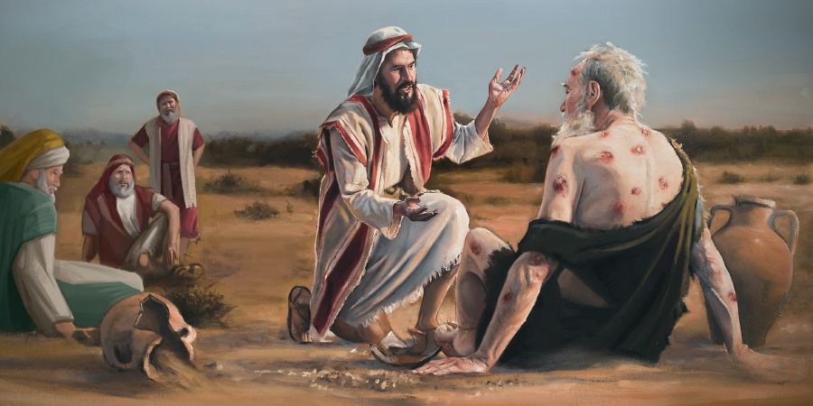 Elihu talks to Job while Eliphaz, Bildad, and Zophar look on