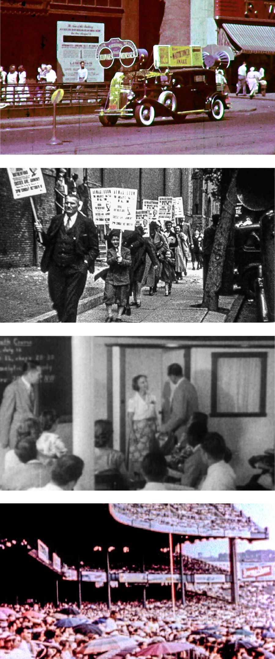 A sound car, Jehovah’s Witnesses advertise a talk, a Gilead class in progress, and an audience at a convention