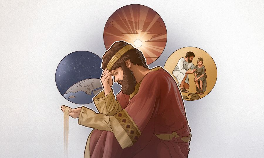 A man holds dust in his hand and contemplates the starry heavens, the sun, and a father’s compassion for his son