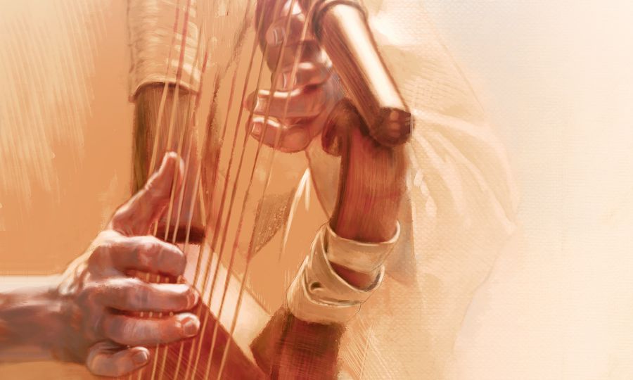 The psalmist plays the harp