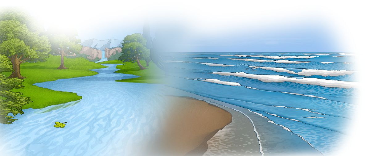 A flowing river and waves on the sea