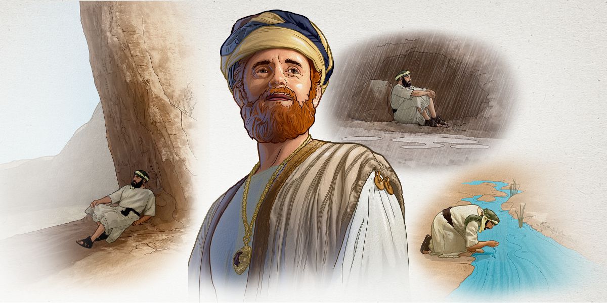 A man in Bible times is concealed during a rainstorm, drinks water from a stream, and rests in the shadow of a crag