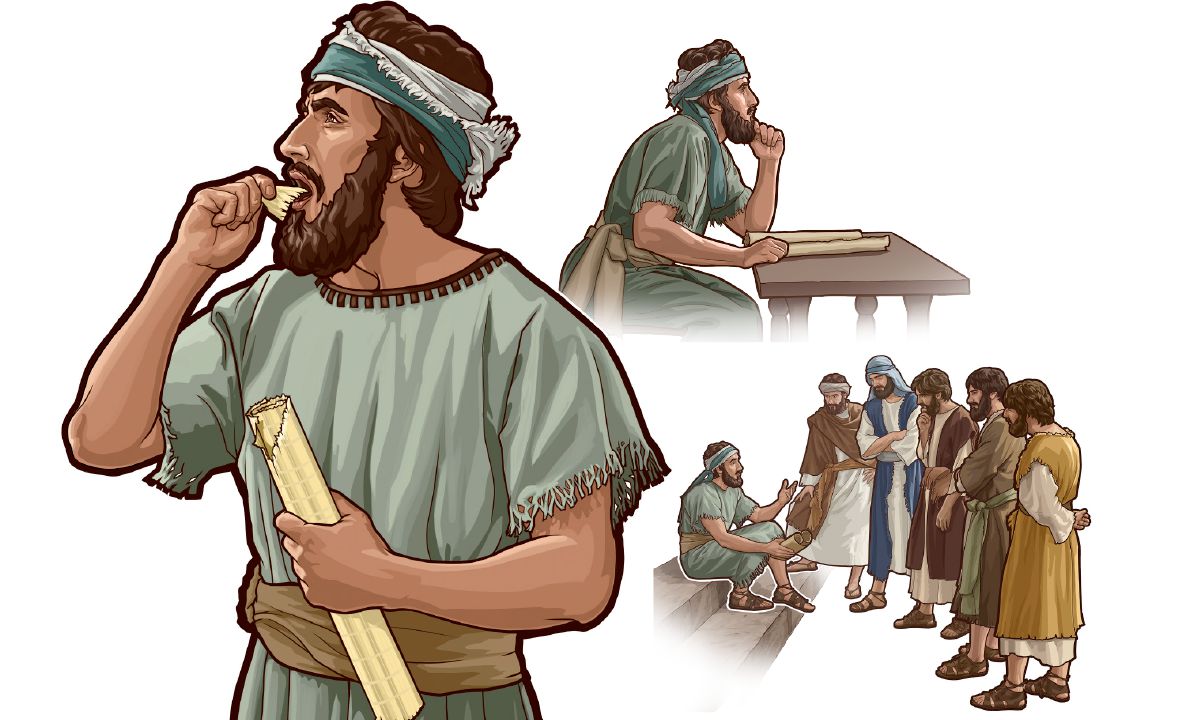 After eating a scroll representing God’s message, Ezekiel speaks to the men of Israel