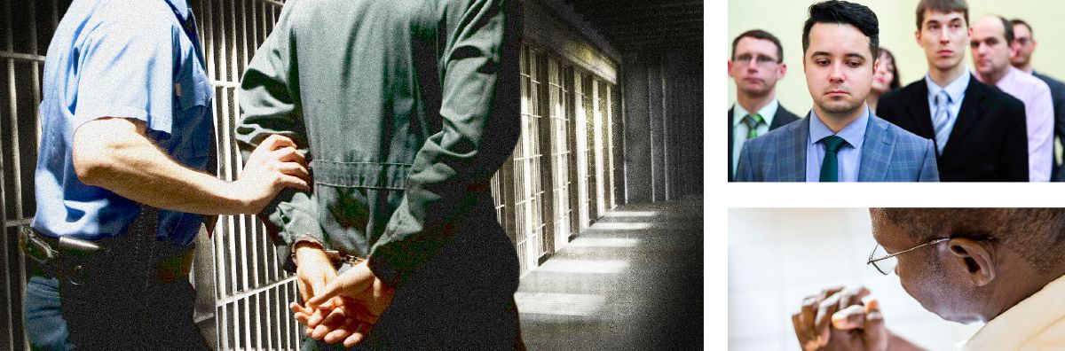 A brother in handcuffs is led into prison; a group of brothers and sisters; a brother prays