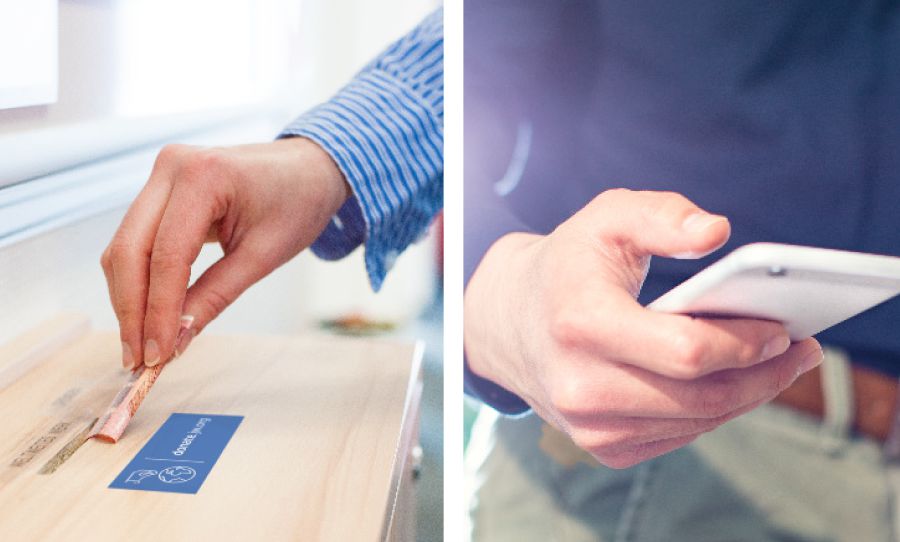 A person places a donation in a contribution box; a person makes a donation electronically