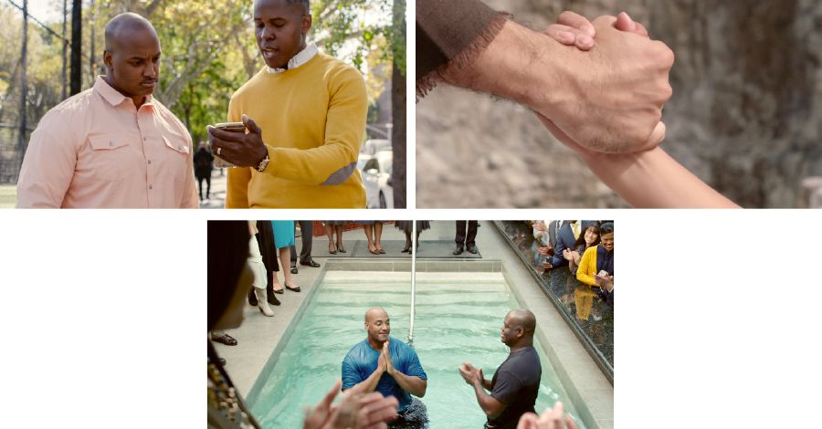 An elder talks to a man who is allowing his fears to hold him back from dedication and baptism; a man in Bible times reaches out his right hand to help his son; a man is baptized
