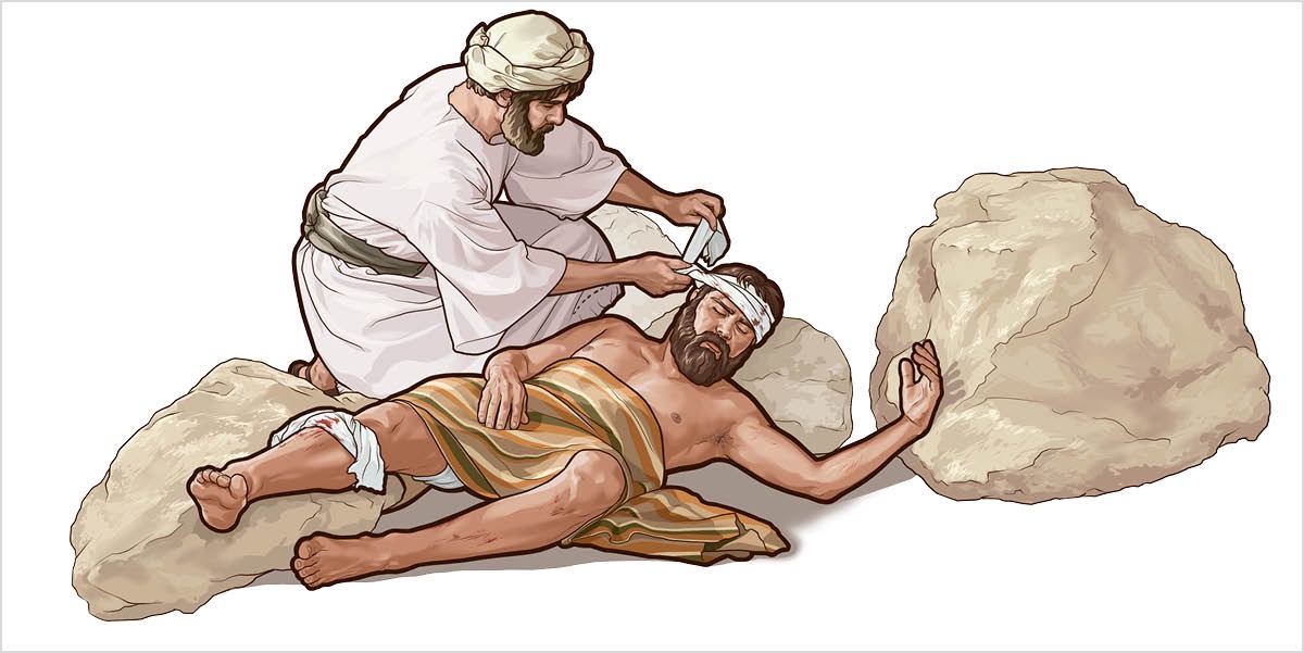 The good Samaritan bandages an injured Jewish traveler