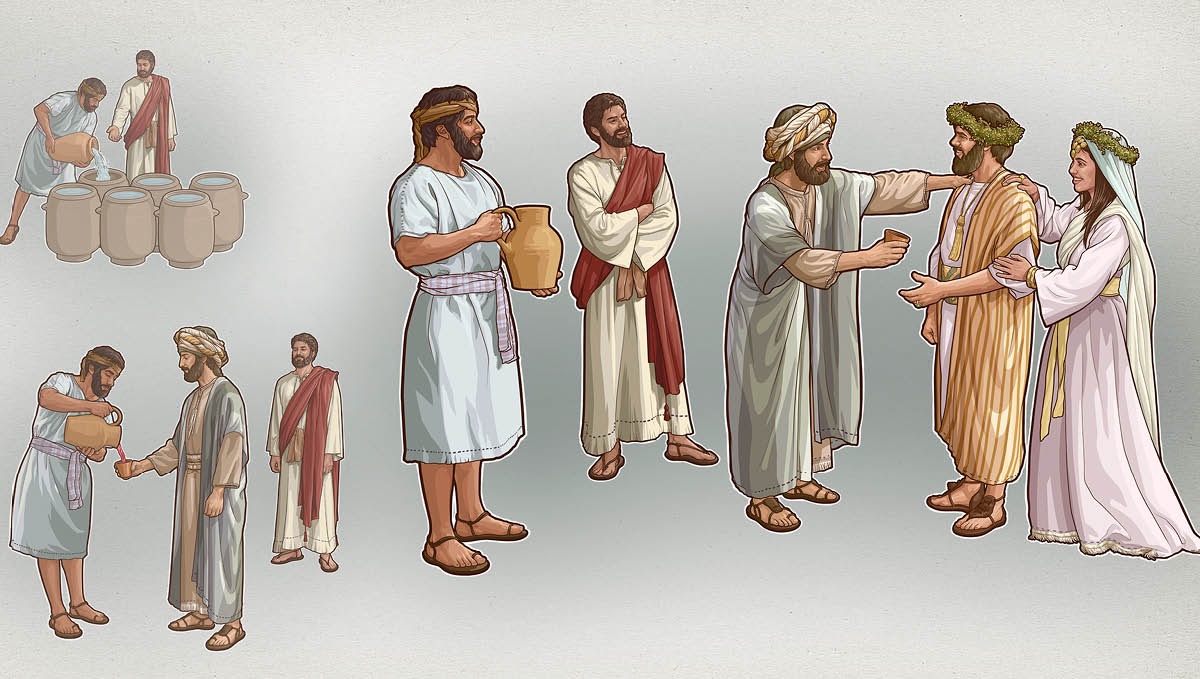 Jesus directs that jars be filled with water, the director of the feast tastes the wine, then congratulates the bridegroom on the fine wine