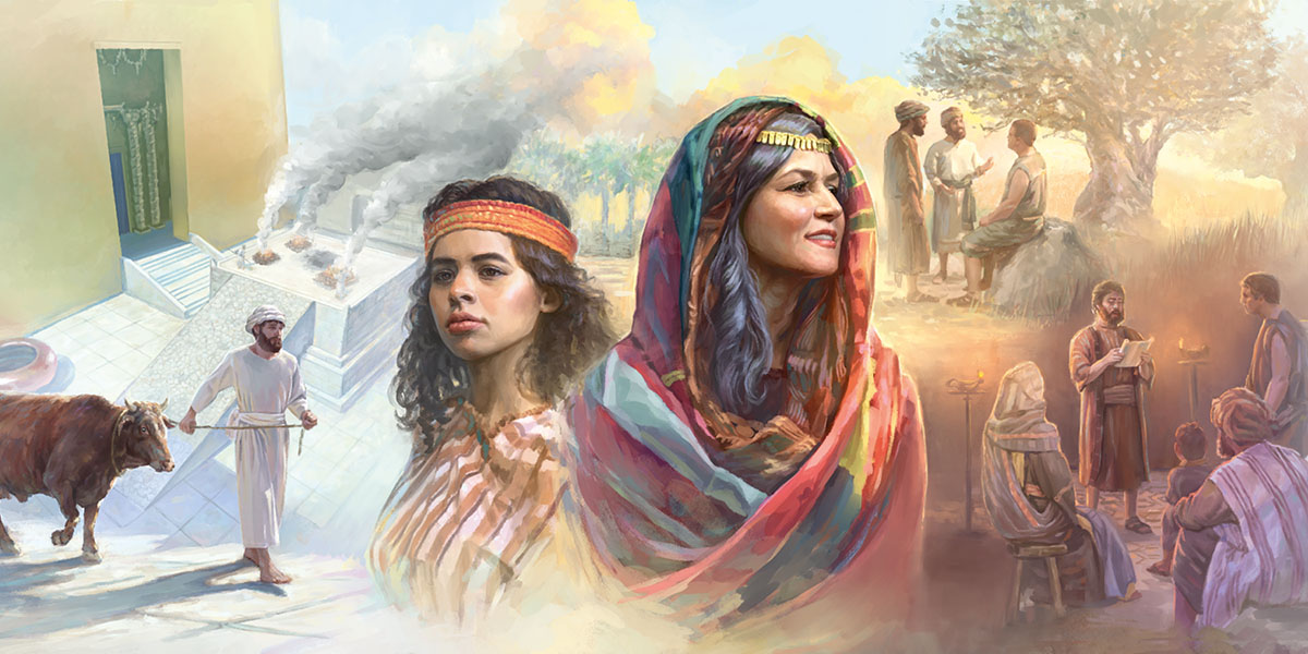 Hagar and Sarah—in the background sacrifices are offered at the temple; disciples preach; disciples listen as a scroll is read