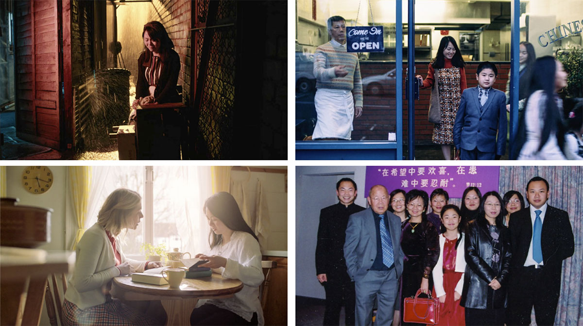 A sister studies the Bible with Grace Li; Grace cries in an alley; Grace and her children leave the family restaurant to go to a meeting; Grace with her family