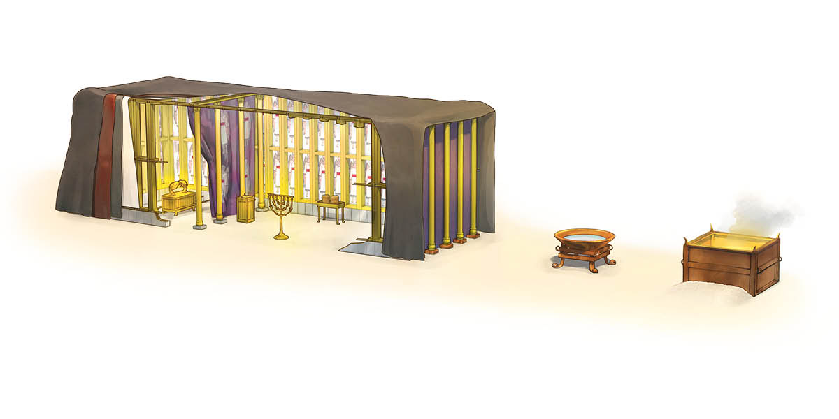 The tabernacle with coverings pulled back showing the interior and framework. Next to it are the copper basin and the altar of burnt offering.