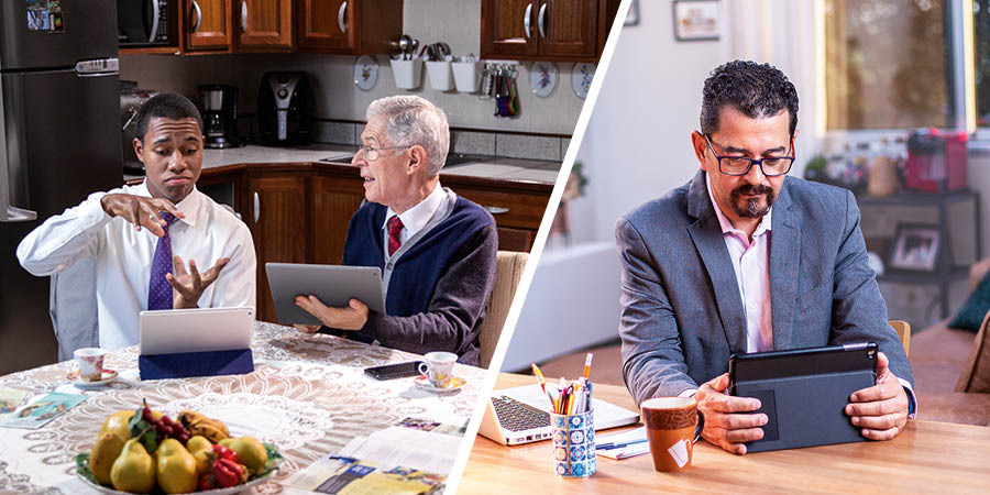 Collage: A younger brother doing telephone witnessing with an older couple. 1. The brother talks to a businessman on the phone. 2. The businessman listens to the brother’s message.