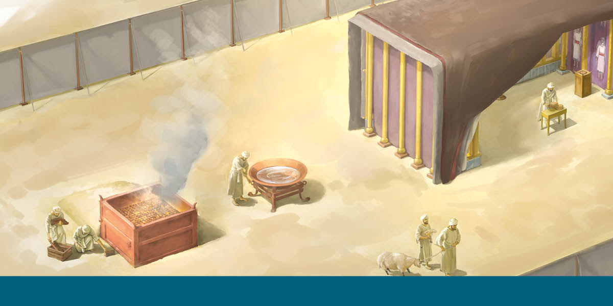 Priests in the tabernacle courtyard carrying out their duties near the copper basin and the altar of burnt offering. A priest stands at the table of showbread inside the Holy.