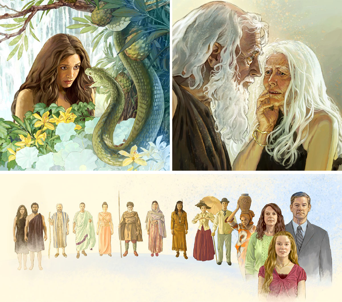 Collage: 1. Satan using a serpent to talk to Eve. 2. Adam and Eve aged and frail. 3. A line of humans from Adam and Eve to present day, representing various time periods, races, and cultures.