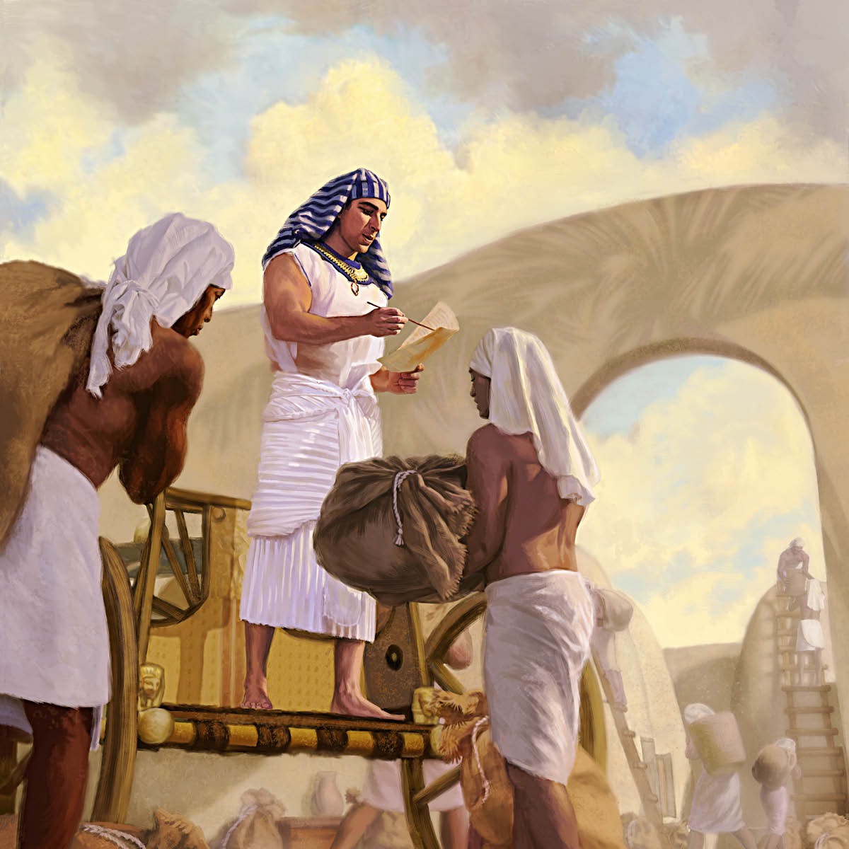 Joseph working as the food administrator in Egypt. Men bring sacks of grain to him.