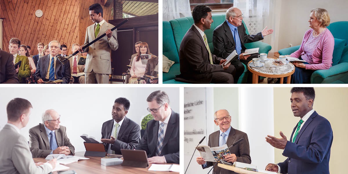Collage: An experienced elder progressively training a brother to take on greater responsibility in the congregation. 1. The brother holds the microphone as the experienced elder comments at a meeting. 2. The brother accompanies the experienced elder on a shepherding visit. 3. The brother, now an elder, speaks at an elders’ meeting. 4. The new elder conducts the ‘Watchtower’ Study. The experienced elder is the reader.