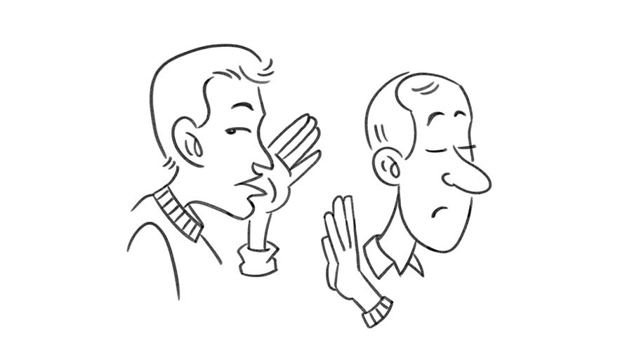 One man turning his back to another man who is gossiping.