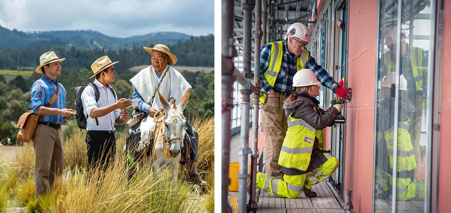Collage: Brothers and sisters in the full-time service. 1. Two pioneer brothers preach to a man on a donkey. 2. A brother and sister perform construction work.