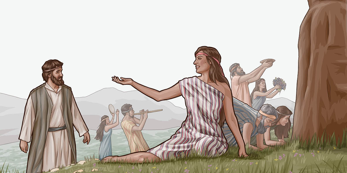 A Canaanite woman inviting an Israelite man to join her in bowing before an idol while others around them engage in various acts of idolatry.