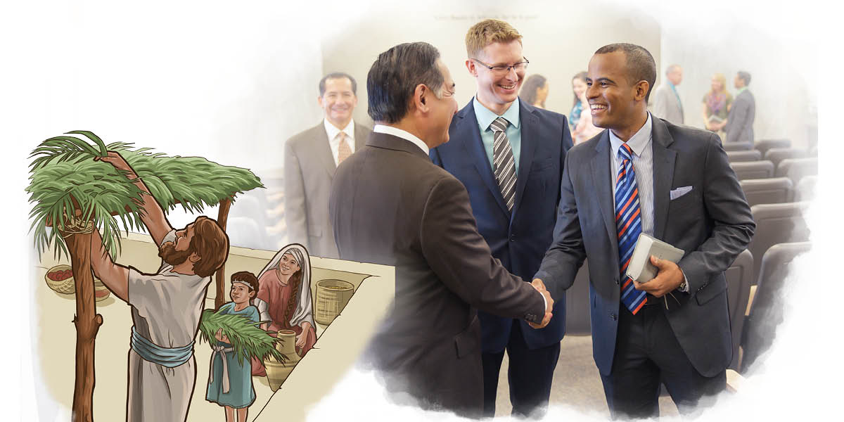 Collage: 1. An Israelite family joyfully build a booth on a rooftop. 2. Brothers shake hands to welcome each other at a congregation meeting.