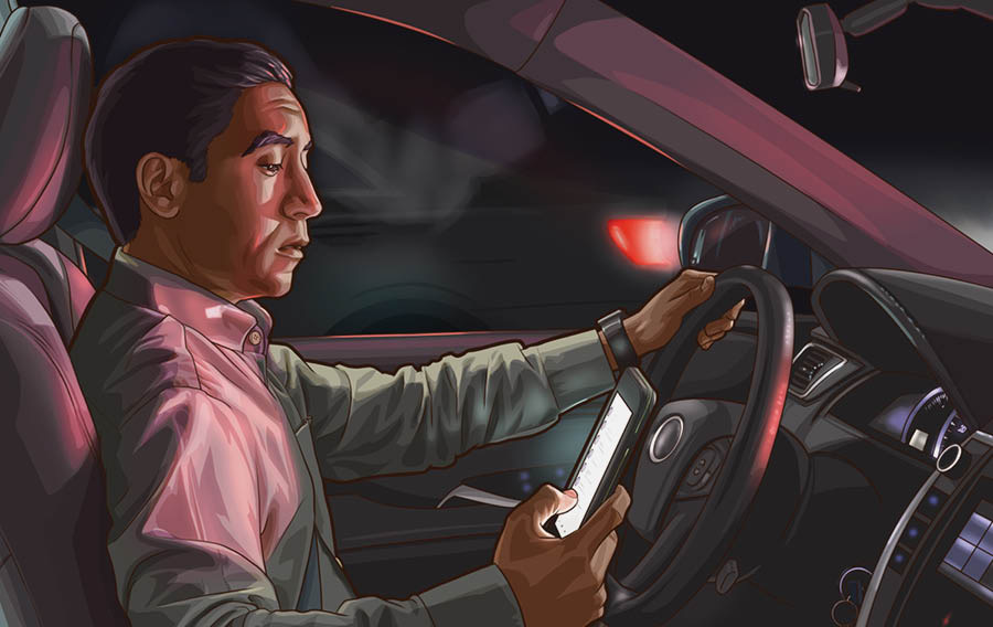 Collage: 1. A brother texts while driving. 2. The same brother texts while standing next to his parked car.