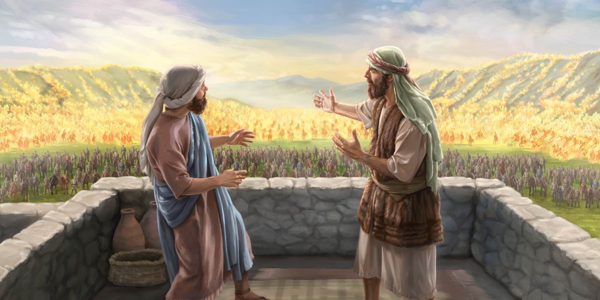 Elisha pointing out to his astonished attendant the vast number of horses and war chariots of fire that surround the Syrian army.