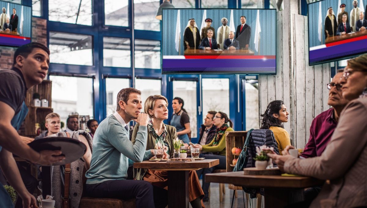 A Witness couple at a coffee shop, watching a television news report of world leaders meeting together. All in the coffee shop are watching the report closely.