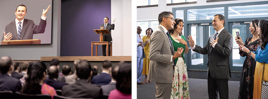 Collage: 1. A brother gives a talk at an assembly. 2. The brother receives praise and attention from others, but he humbly refuses the glory.