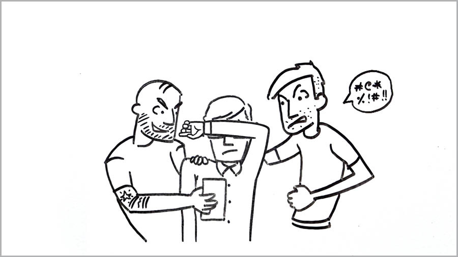 A scene from the video “Be Social-Network Smart.” Two rough-looking men show a boy a social media post as the boy covers his eyes.
