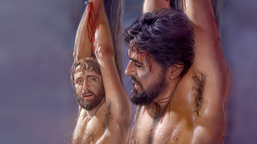 Jesus hanging on a torture stake alongside a criminal.