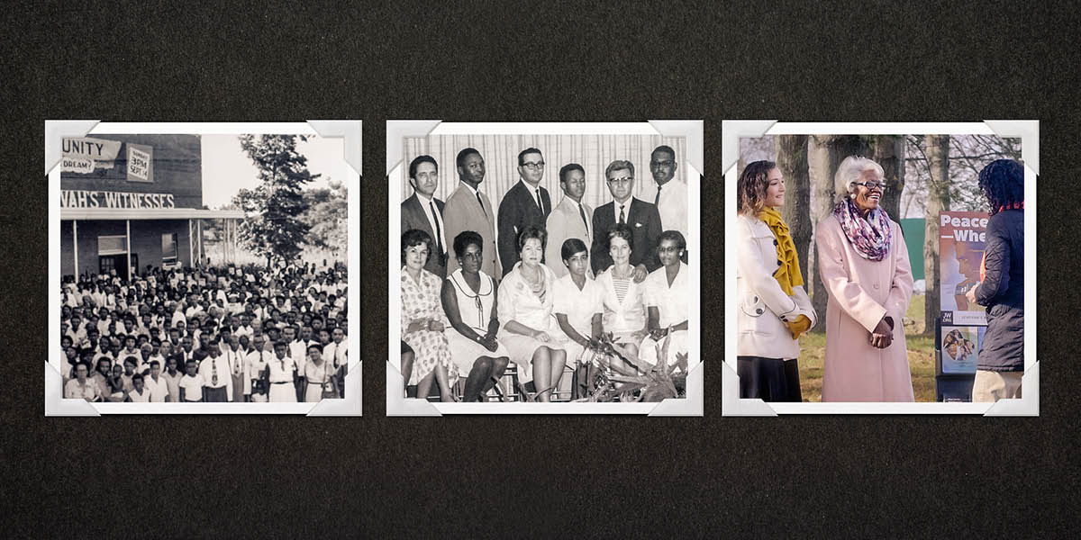 Collage: A scene from the video “A United People in a Divided World.” 1. A crowd of only black brothers and sisters at an assembly. 2. A group of both black and white elders and their wives pose for a photo. 3. Two sisters of different ages and races participate in public witnessing.
