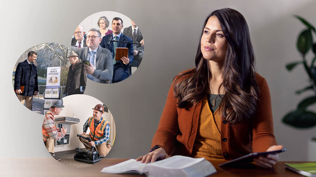 Collage: A single sister doing personal Bible study and thinking about a single brother. 1. The brother comments at a congregation meeting. 2. He participates in public witnessing. 3. He helps maintain the Kingdom Hall.