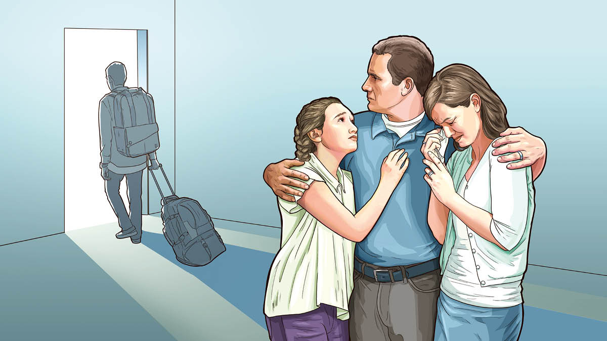 A son with a suitcase leaving home. The father embraces his crying wife and daughter.