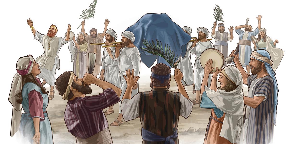 King David singing and dancing with other Israelites while the Levites carry the ark of the covenant.