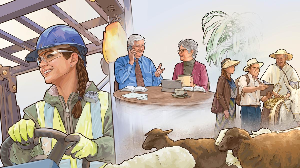 Collage: 1. A young sister operates large construction equipment. 2. An elderly couple participate in telephone witnessing. 3. A couple preach where there is a greater need for Kingdom publishers.