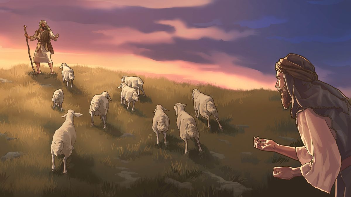 A shepherd and a stranger each calling the same flock of sheep. The sheep listen to their shepherd and follow him.