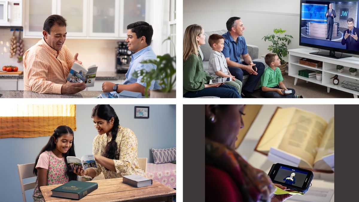 Collage: 1. A father discusses with his son a point from the book “Organized to Do Jehovah’s Will.” 2. A family watches JW Broadcasting. 3. Another family visits one of the museums at Bethel. 4. A mother uses a “Yearbook of Jehovah’s Witnesses” and the book “Jehovah’s Witnesses​—Proclaimers of God’s Kingdom” to study with her daughter.