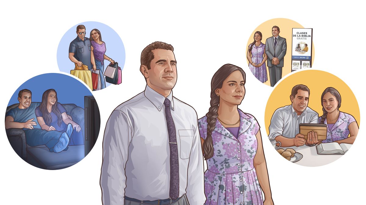 A couple looking confidently ahead. Collage: Scenes contrasting how they could be using their time. 1. They watch an inappropriate television program; they study together. 2. They go shopping and purchase many things; they participate in cart witnessing.
