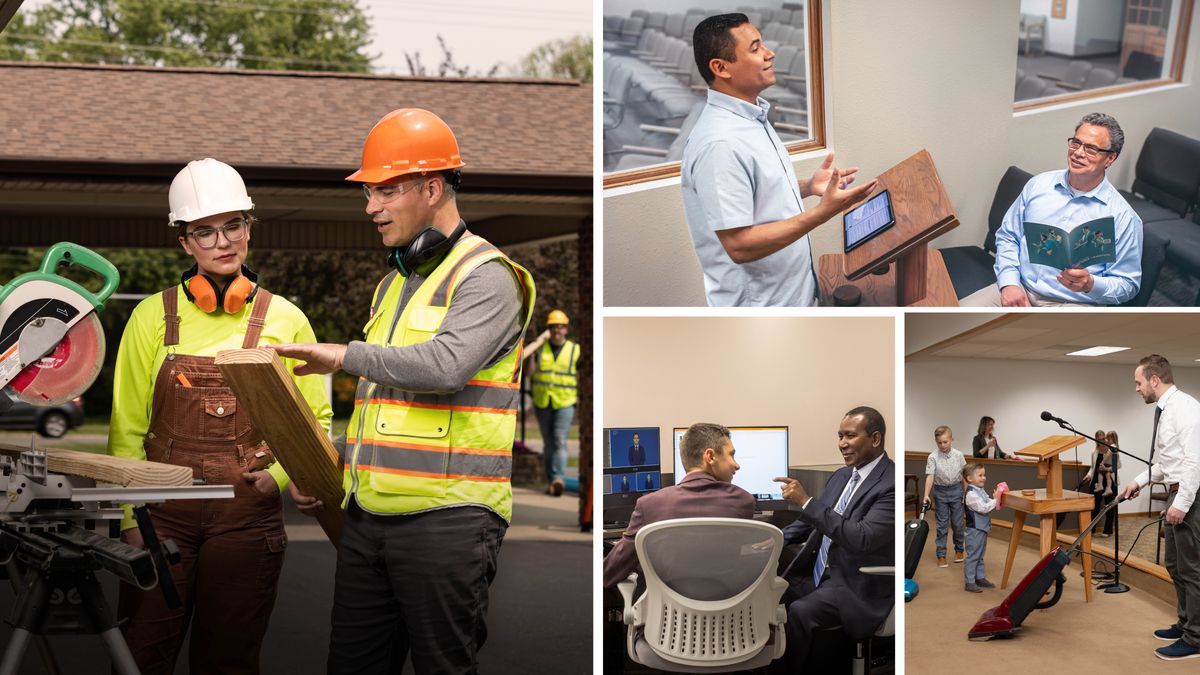 Collage: Brothers training others in various situations. 1. A brother trains a sister to use an electric saw at a theocratic construction project. 2. An older brother observes a younger brother practicing his talk in an empty Kingdom Hall. The older brother is holding the brochure “Apply Yourself to Reading and Teaching.” 3. A brother teaches a teenage brother how to replace the batteries in a microphone. 4. A father and his two sons help clean the Kingdom Hall. The father and his older son each vacuum the platform while the younger son uses a cloth to wipe the lectern.