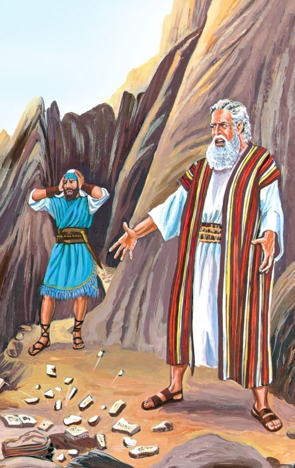 Moses breaks the stone tablets that have the Ten Commandments written on them