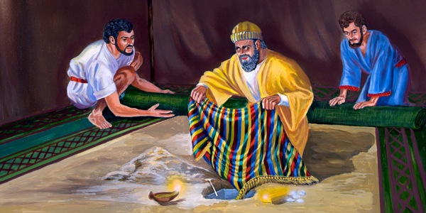 Achan hides the stolen gold bar, silver pieces, and beautiful robe in his tent