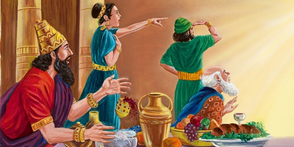 King Belshazzar and his guests stare in fear and amazement at the writing on the wall