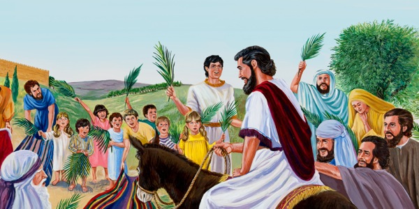 Jesus riding on a donkey as crowds wave palm branches