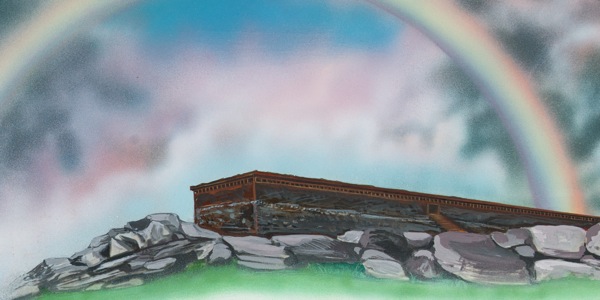 The first rainbow in the sky, Noah’s ark settled on dry land