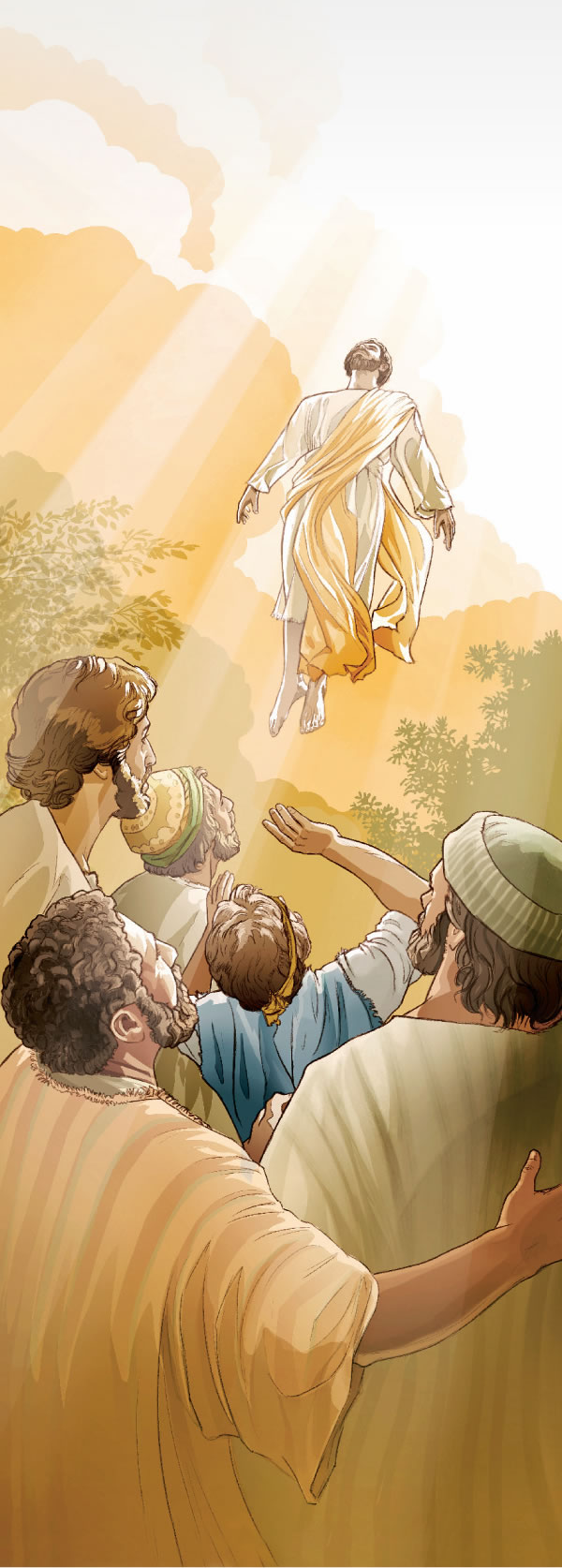 The disciples look on as the resurrected Jesus ascends to heaven