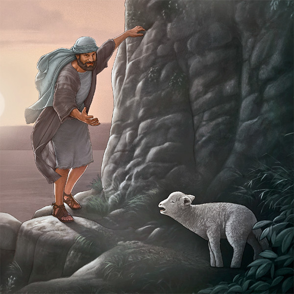 A shepherd makes his way up a mountain slope to find a lost sheep