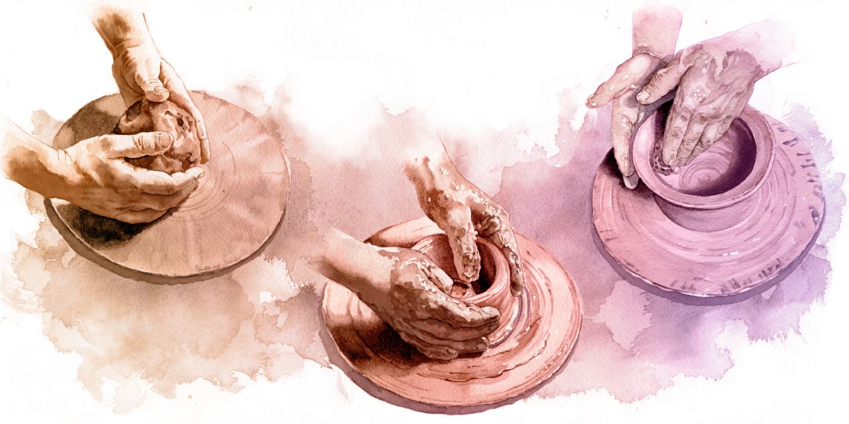 A potter molds a lump of clay into a vessel