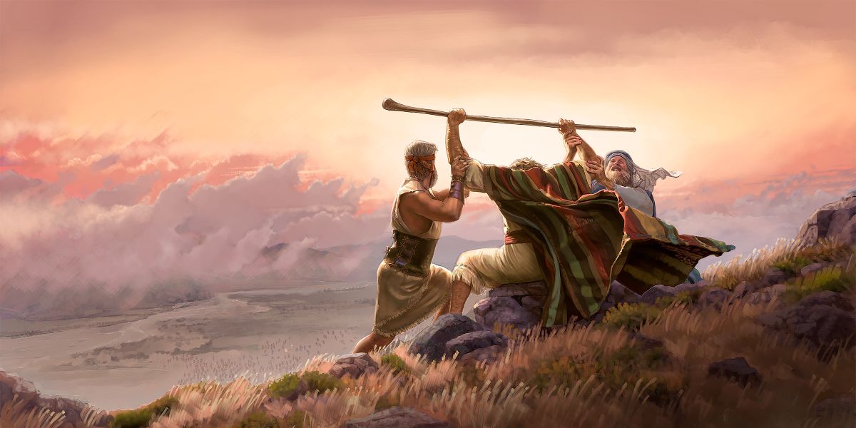 Moses holds the rod of the true God while Aaron and Hur support his arms