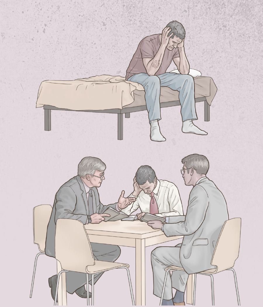 A brother sits on his bed, distraught because of his sin, but later he meets with two elders